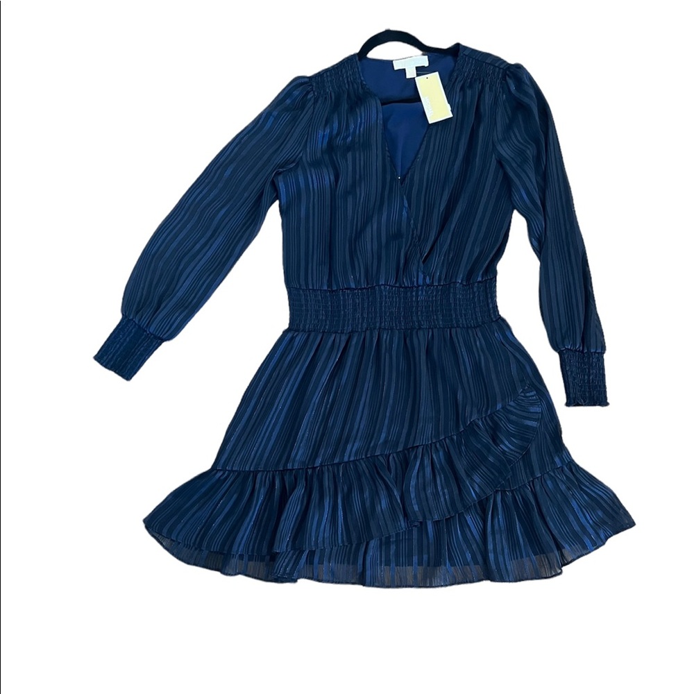Michael Kors Smocked Tonal Stripe V-Neck Mini Length A-Line Dress